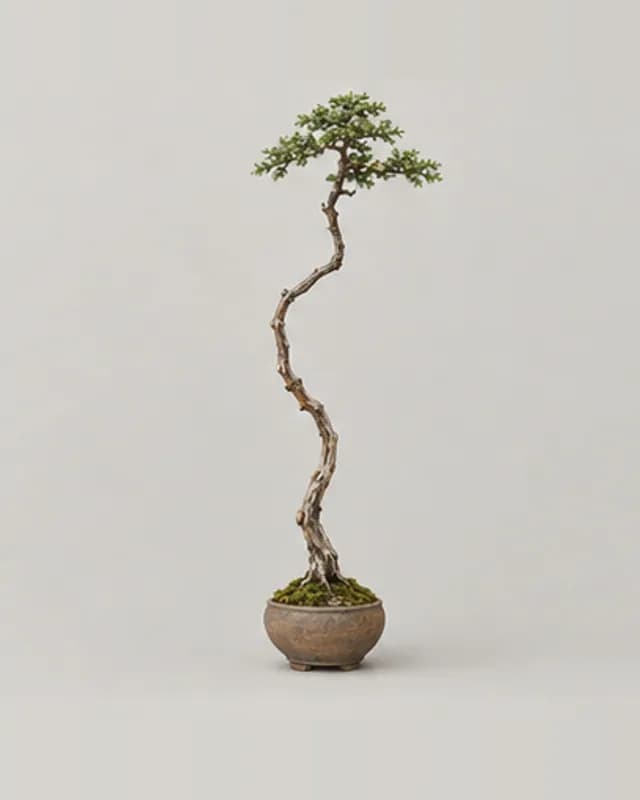 Ilustração de um bonsai no estilo literato, tronco alto e sinuoso com pouca folhagem no topo