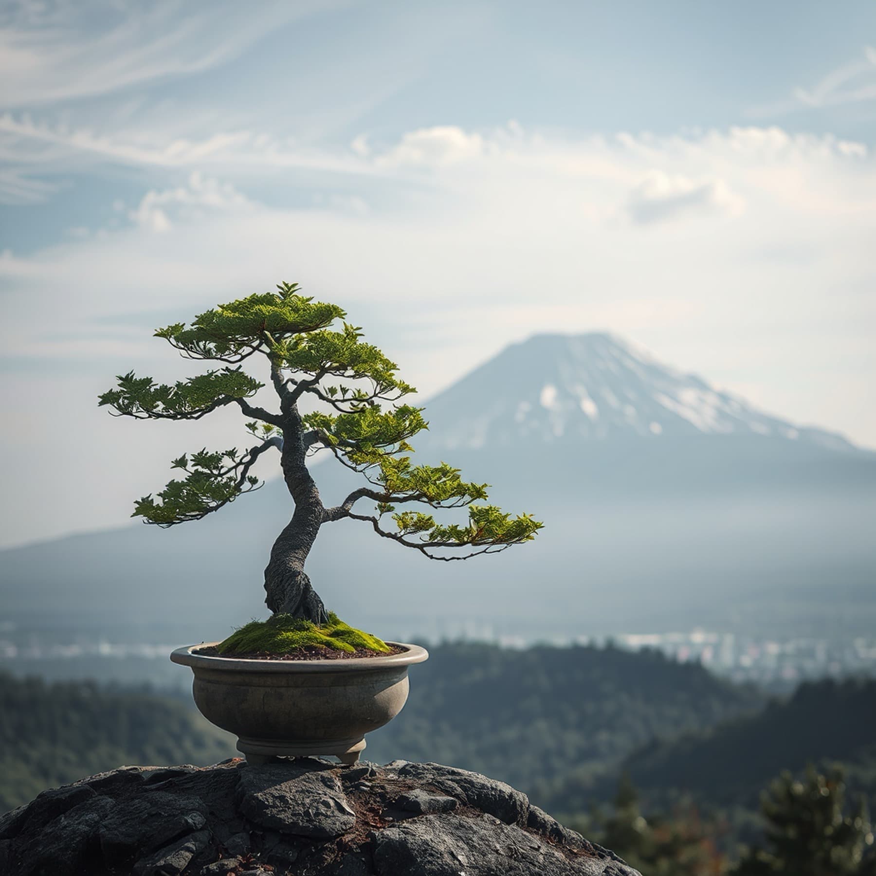 Bonsai numa colina, com o monte Fuji ao fundo