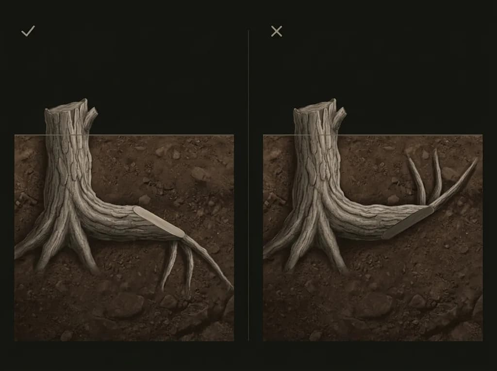 Corte lateral de uma raiz: com a face do corte voltada para cima, as raízes novas saem por baixo; com a face para baixo, elas sobem (ilustração)