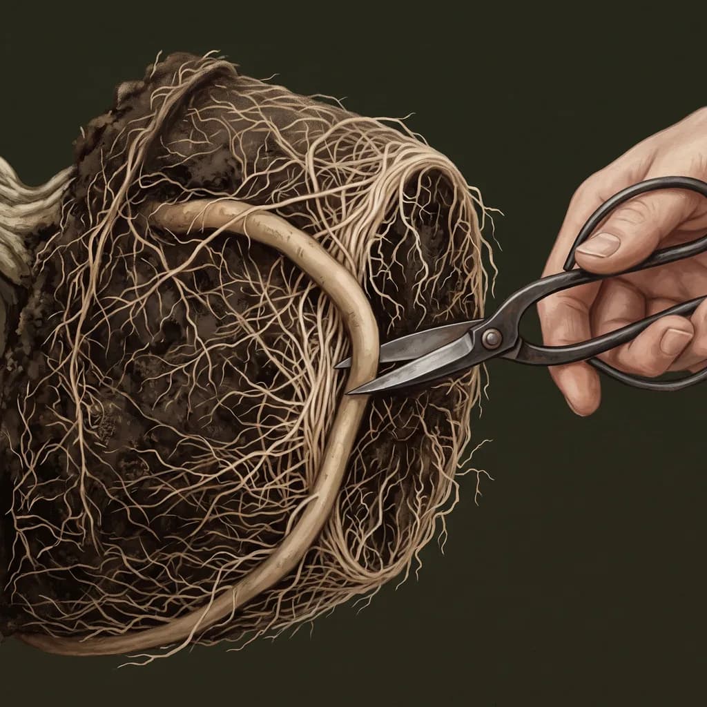 Uma raiz grossa e lisa sai da lateral do torrão, desce e corre rente à borda, contornando-o como a parede do vaso a fez crescer. Uma tesoura de bonsai corta essa raiz ali, na borda, e a malha de raiz fina em volta fica intacta (esquema)