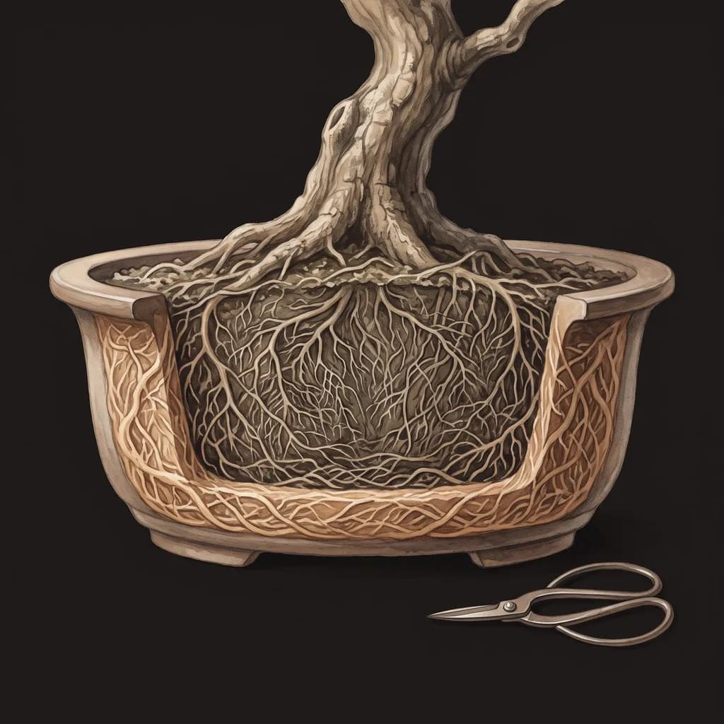 Corte lateral de um vaso com a árvore dentro: as raízes enchem o vaso de parede a parede e correm rente à parede e ao fundo, formando uma trama densa que acumula embaixo e dá a volta pela borda do torrão. Uma tesoura ao lado, sem uso (esquema)
