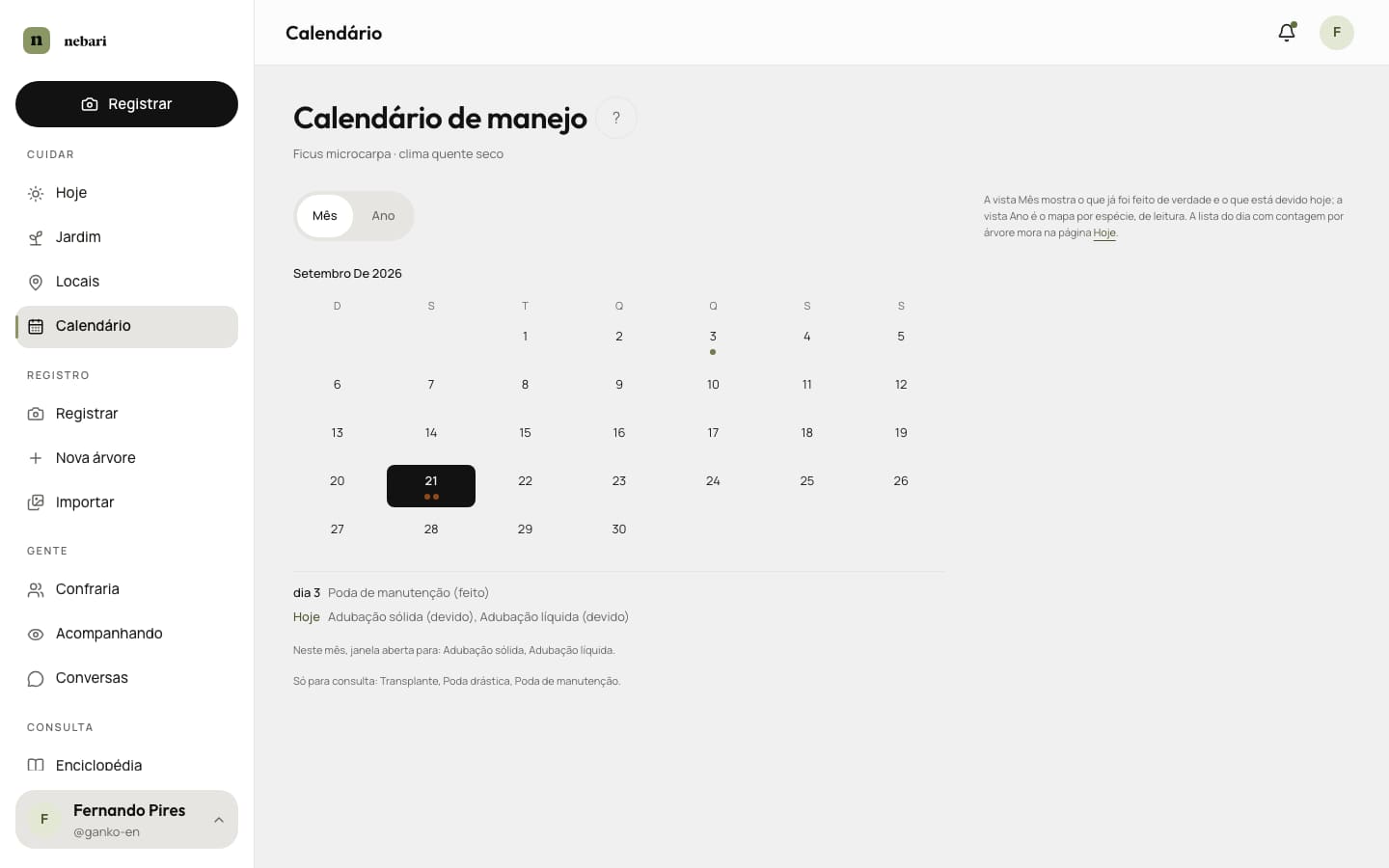 Calendário de manejo do Nebari, com o mês de setembro e os dias marcados