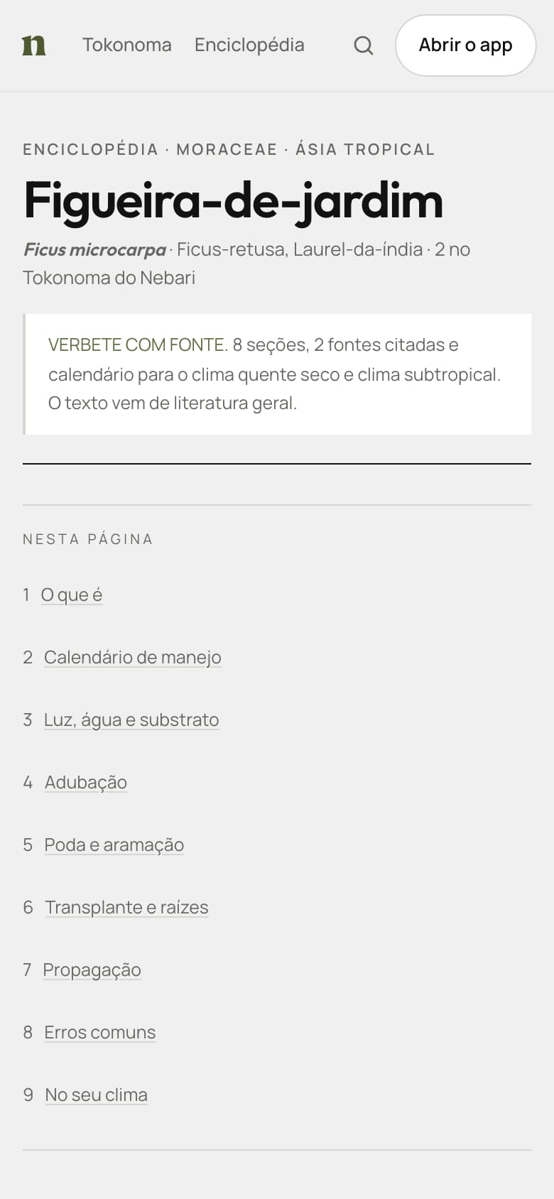 Ficha da figueira-de-jardim no celular, com o sumário da página