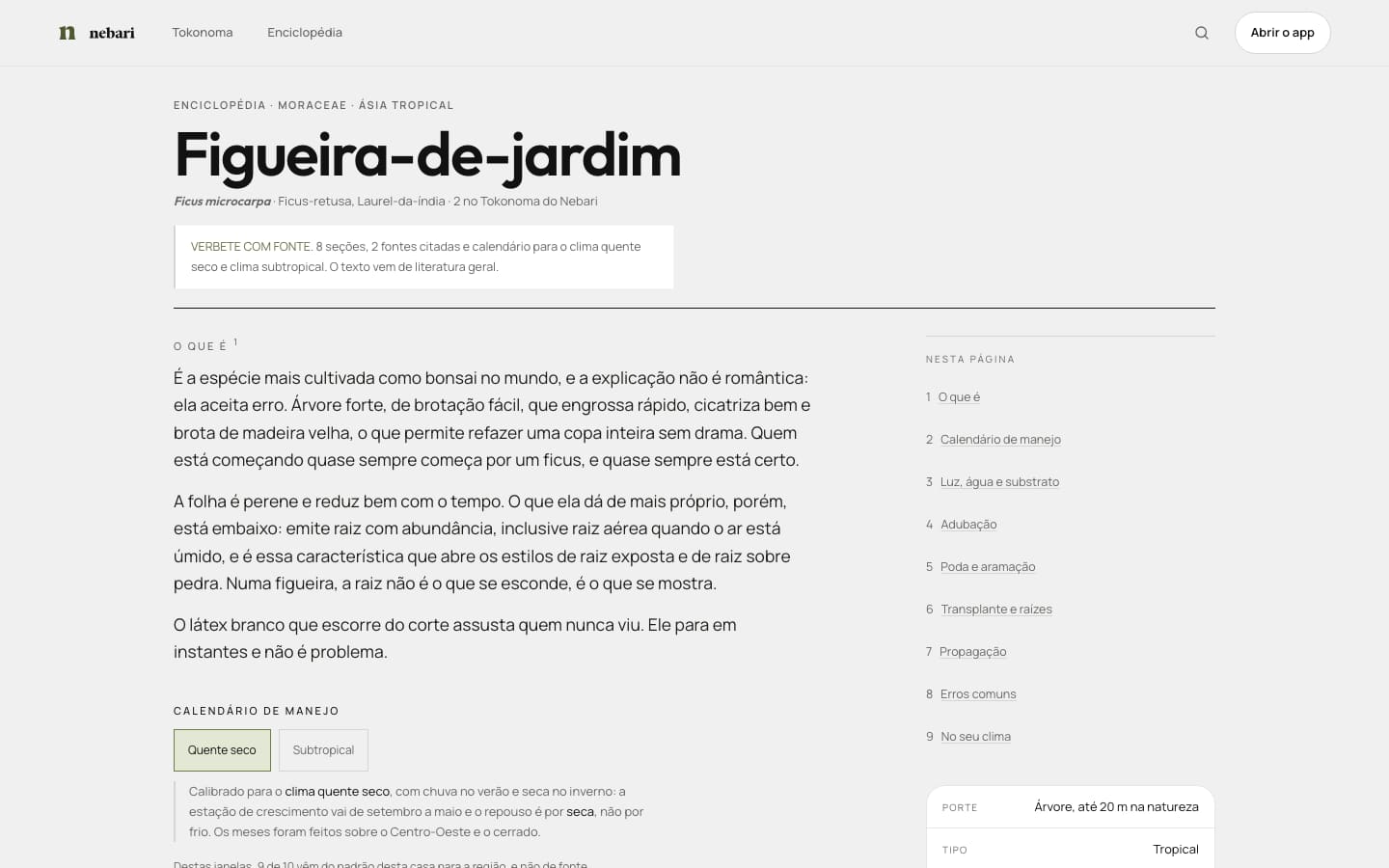 Ficha da espécie Ficus microcarpa, a figueira-de-jardim, na Enciclopédia do Nebari, com o texto de cultivo e o sumário