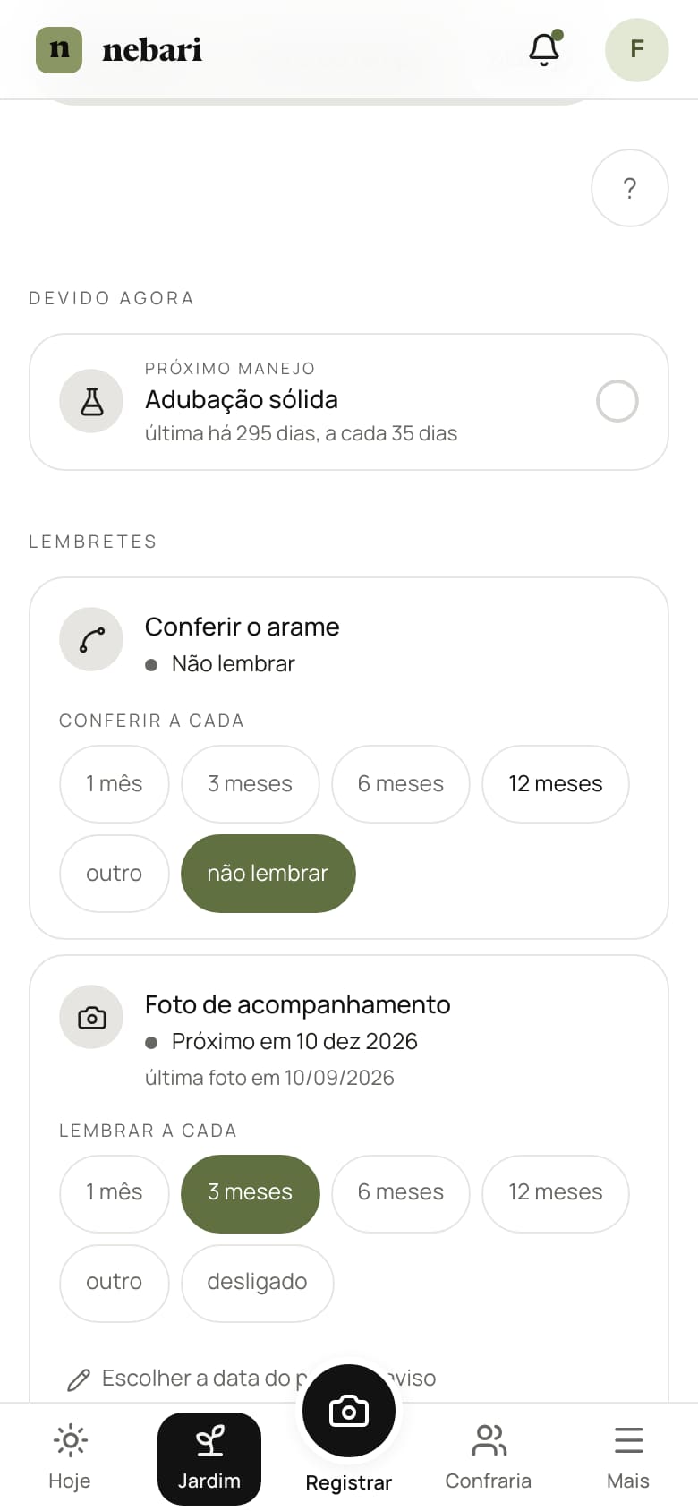 Aba Manejo da ficha no celular: o que está devido agora e os lembretes da árvore