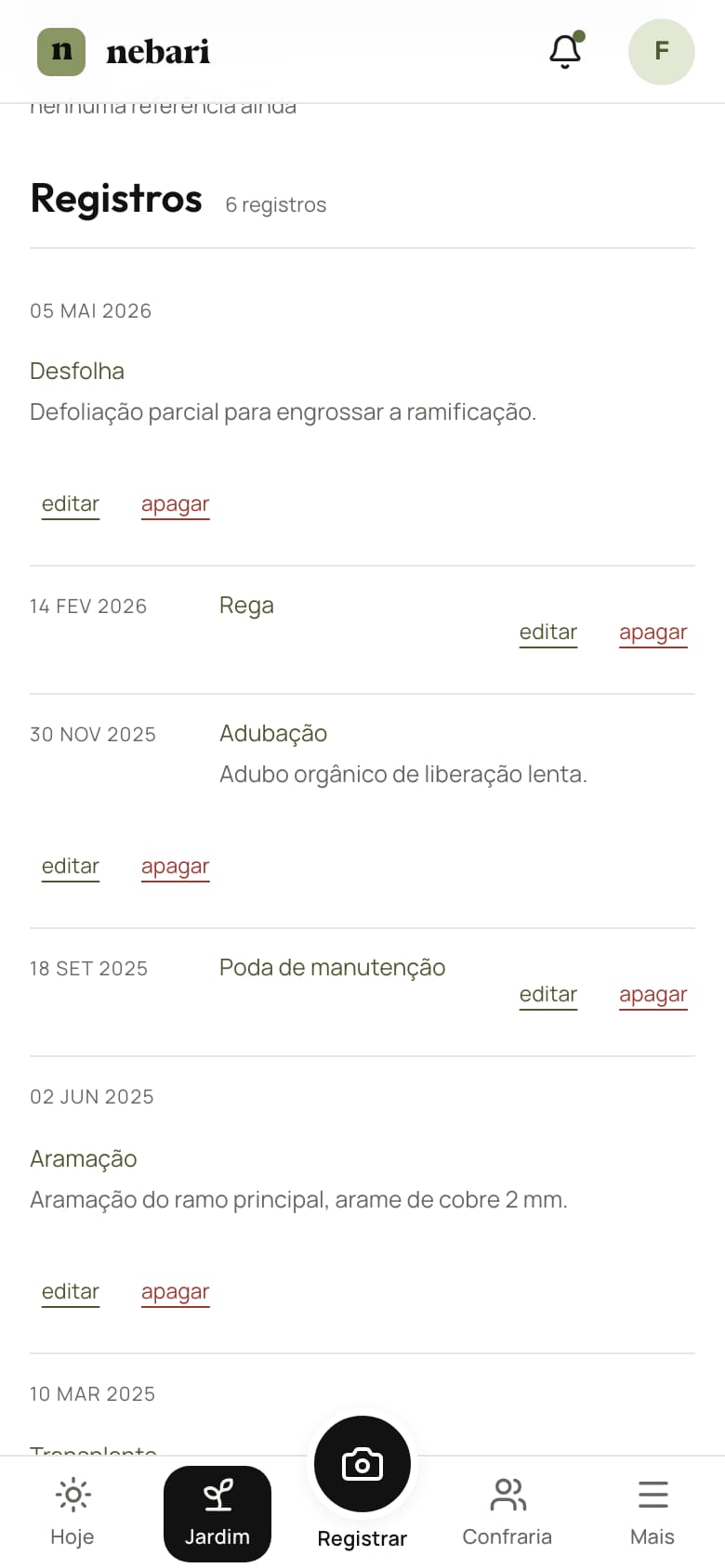 Os registros da árvore Tortuoso no celular, do mais novo ao mais antigo
