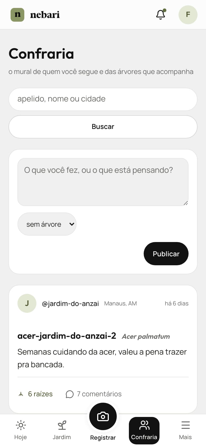 A Confraria no celular, com a caixa para publicar
