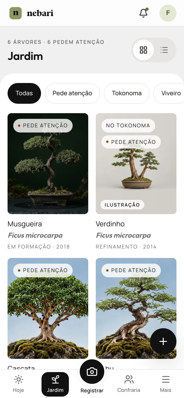 Tela Jardim do Nebari no celular: as árvores em grade, com filtros de Tokonoma e Viveiro